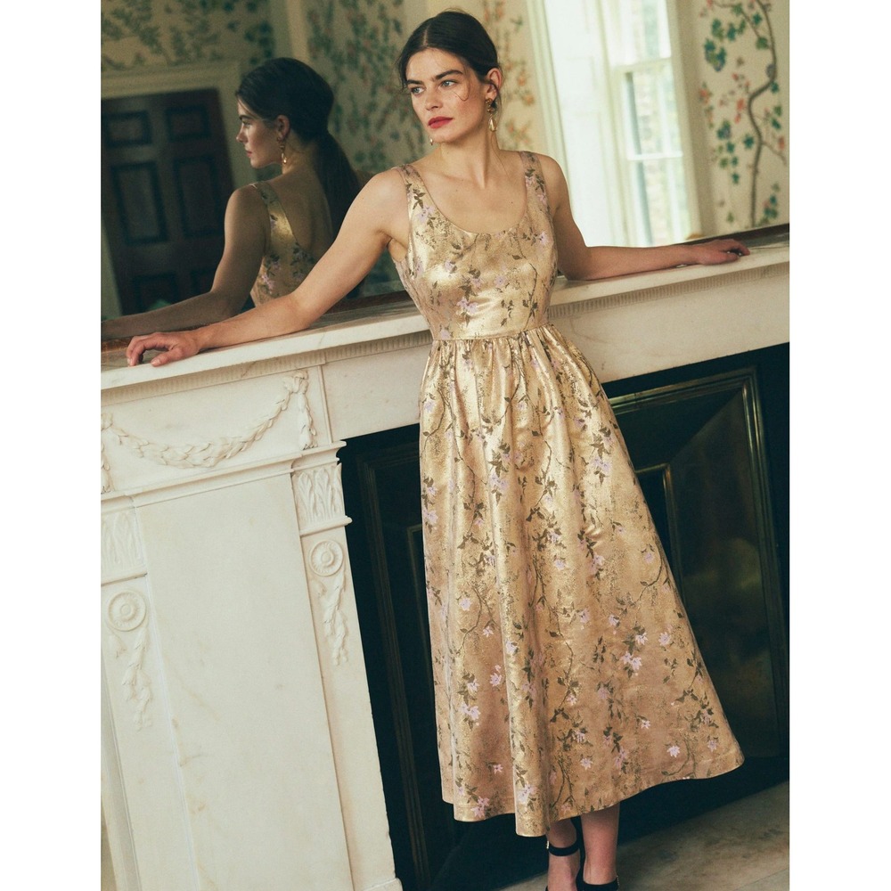 Boden Scoop Neck Fit and Flare Dress Gold Jacquard Size 16-18R New With Tags